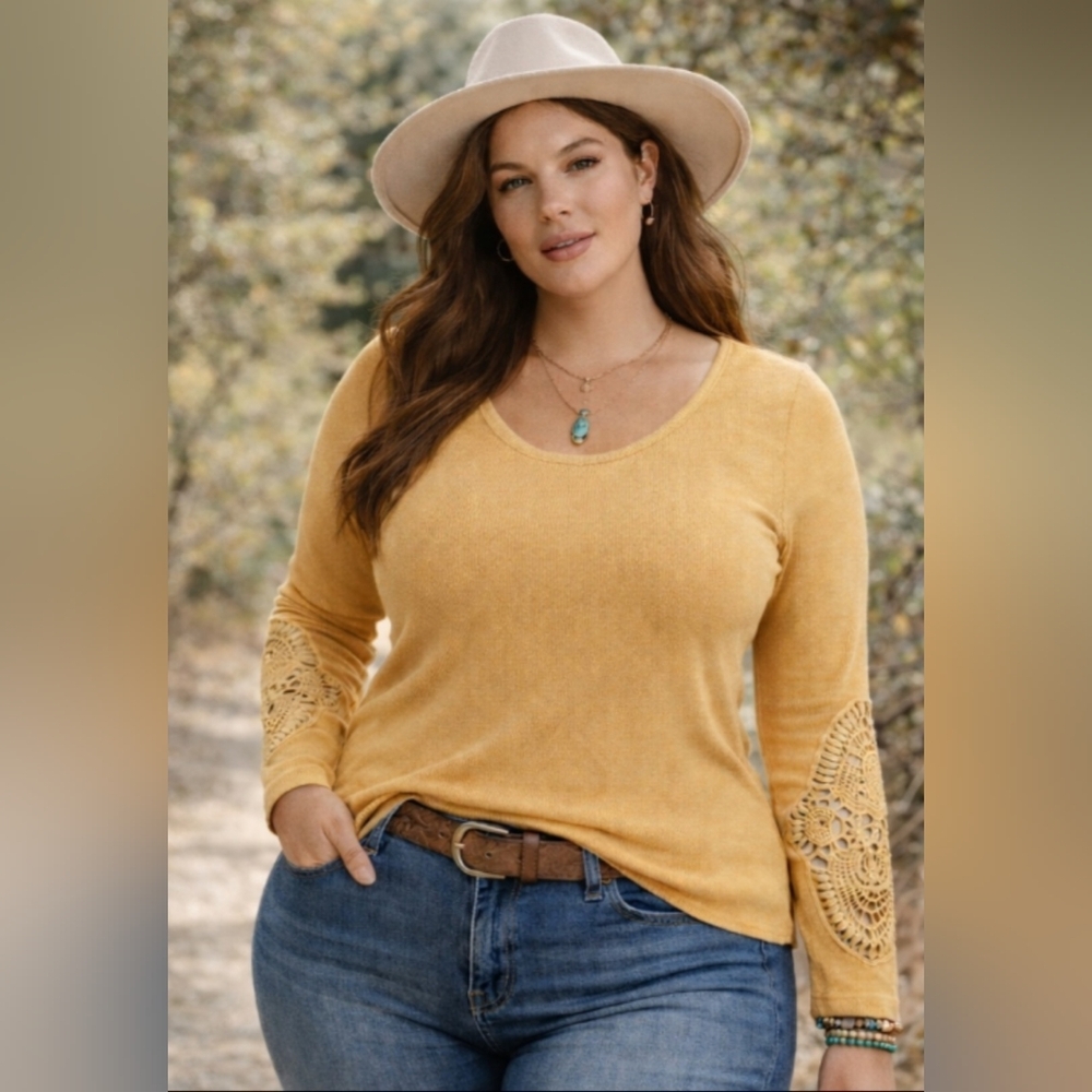 Torrid Cotton Modal Rib Scoop Neck Crochet Sleeve Top 2X Yellow Boho Lace Detail